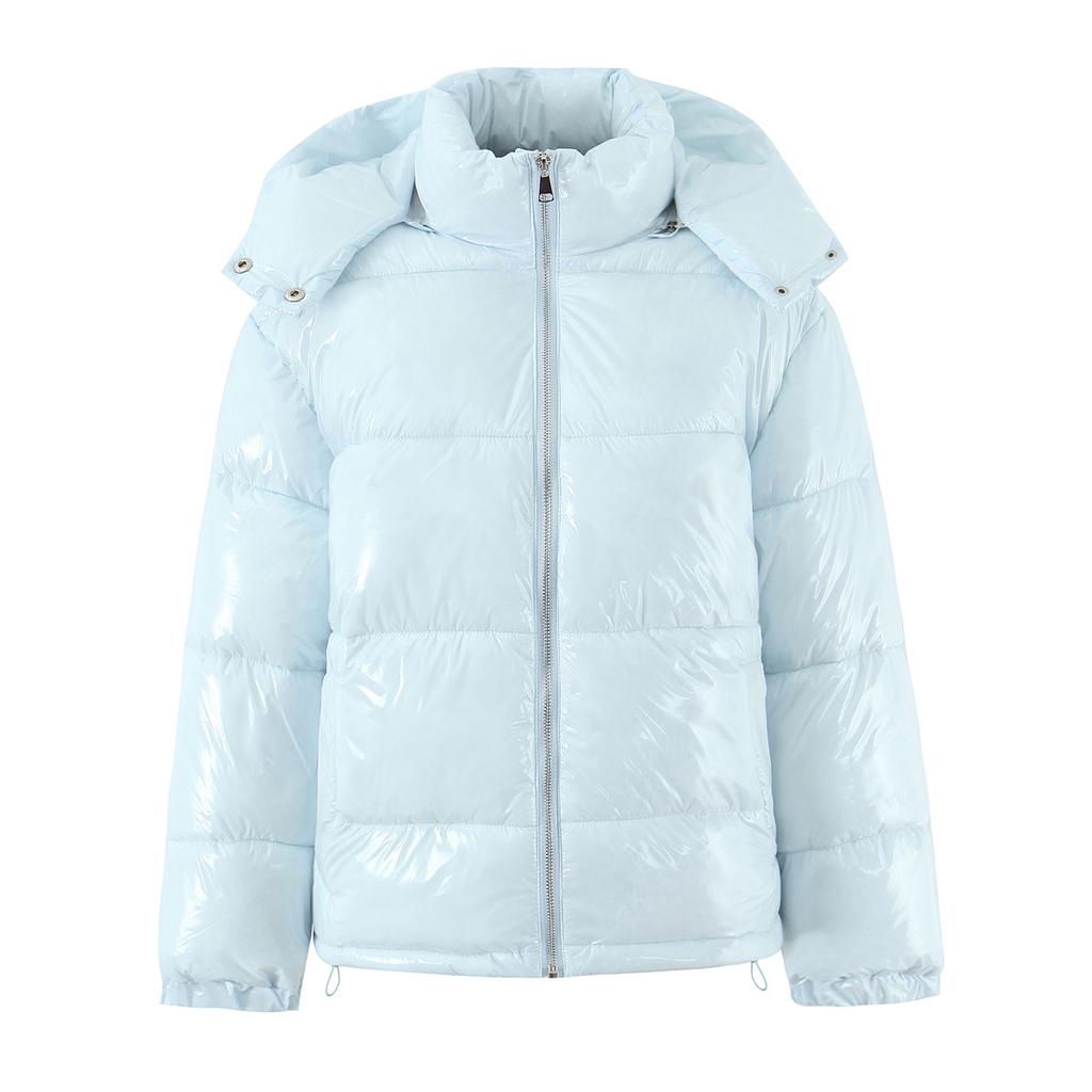 Wintermode Damen Helles Hellblau Reißverschluss Brot Parka Mantel Damen Stehkragen Abnehmbare Kapuze Langarm Oberbekleidung
