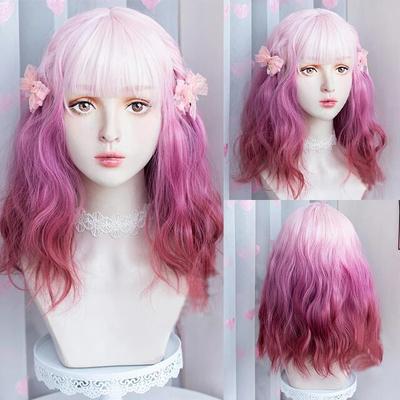 Long Ombre Wavy Curly Pink Purple Gradient Wigs with Bangs Fluffy Women Lolita Cosplay Hair Wig for Daily Party