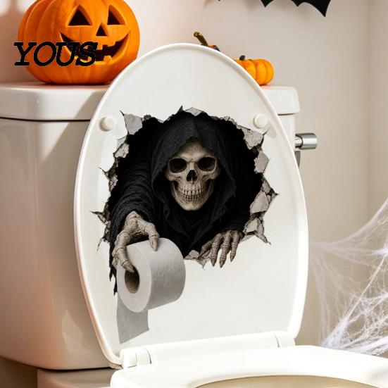 Graphic Wall Stickers for Refrigerator Spooky Crack Ghost Toilet Tank Lid Sticker, Halloween Horror 3D Broken Zombie Waterproof PVC
