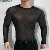 INCERUN Men Long Sleeve Mesh Sheer See Through Tops Skinny T-Shirts