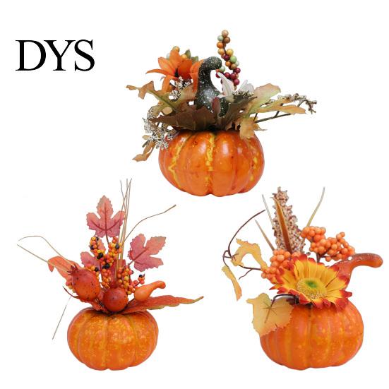 Artificial Pumpkin Ornaments Mini Fall Decoration, Farmhouse Autumn Thanksgiving Foam Centerpiece Faux Pumpkins with Maple Leaves Berries Sunflower