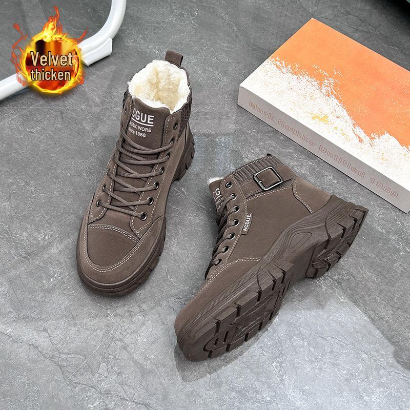 Ghete Martin de iarnă pentru femei din piele întoarsă - Vârf rotund, Talpă groasă, Căptușeală de catifea, Detaliu cu cataramă, Stil până la jumătatea gambei