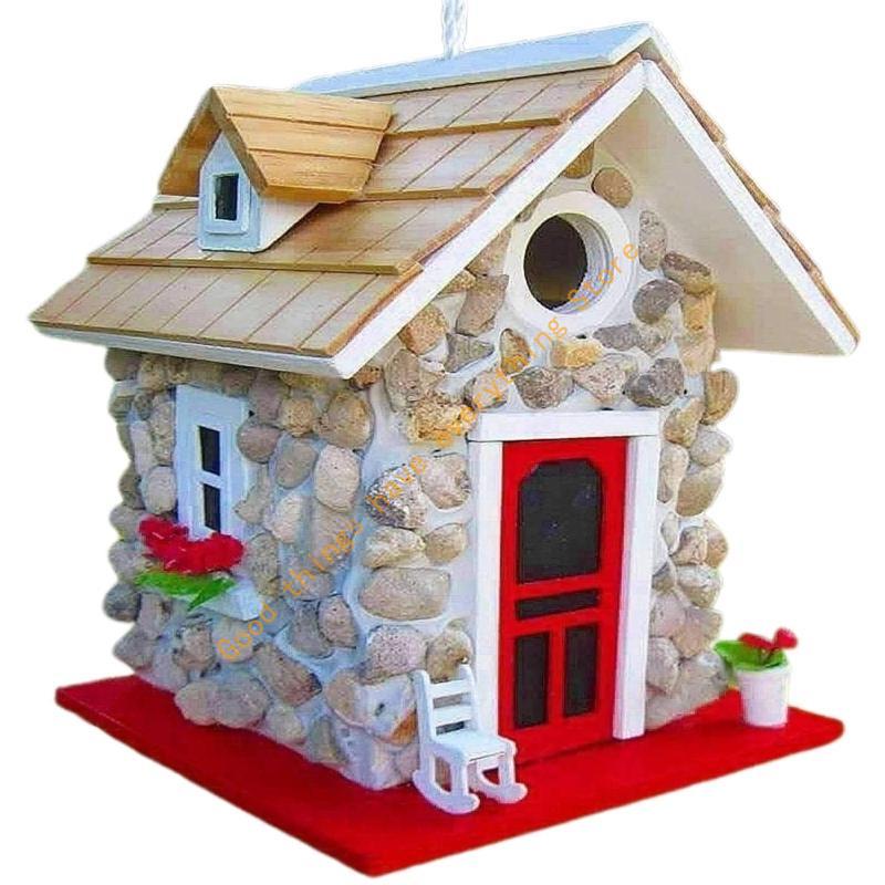 

Wooden Stone Cottage Bird House Hummingbird Feeder Resin Garden Statues Handmade 55KF CN
