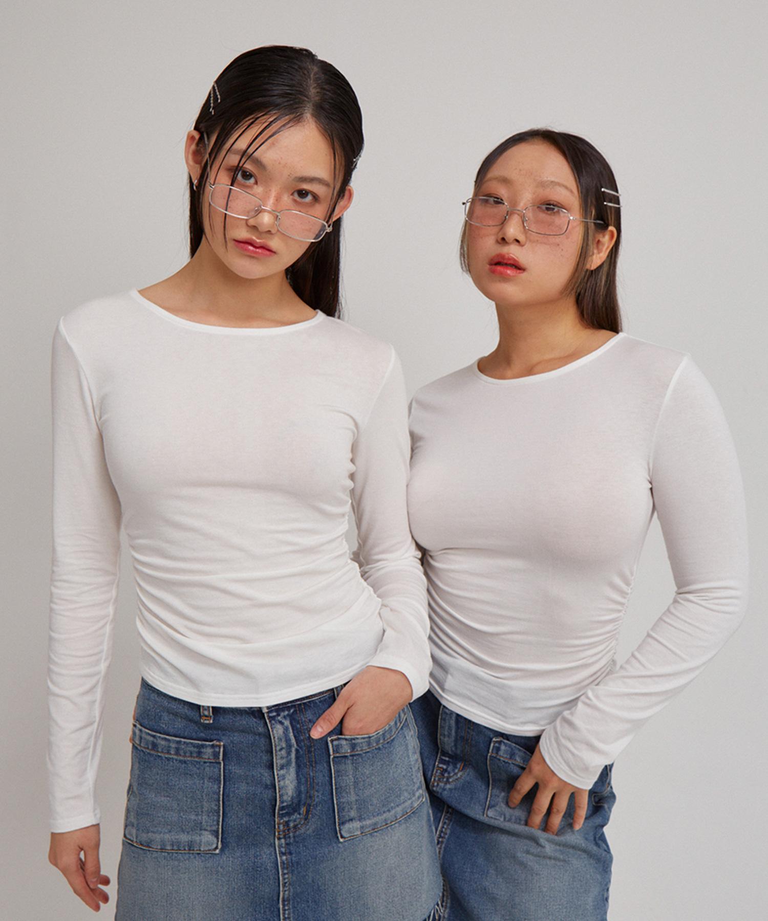 Salon De Yon Basic Shirring Long Sleeve T_ White L