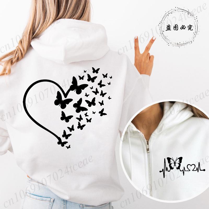 New Fashion Zipper Hooded Hoodie Clothes Butterfly Heart Printed Fashion Sweatshirts Casual Fashion Zip Up Jackets Coat Tops