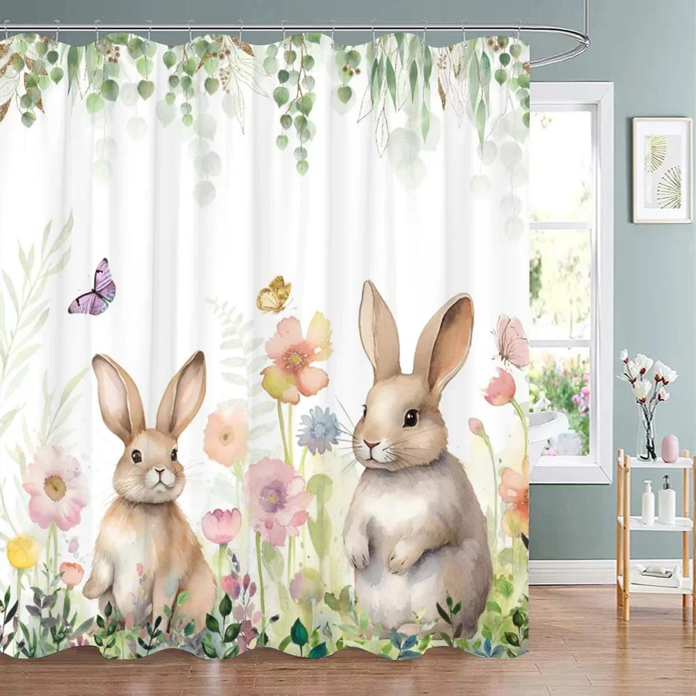 Easter Shower Curtain Cute Cartoon Bunny Watercolour Style Washable Polyester Fabric Shower Curtains Bathroom Decor With Hooks