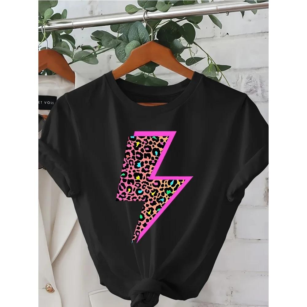 Women's Cheetah and Neon Lightning Pattern T-Shirt Women's Short-Sleeved Round Neck Casual Top Cheetah Print Clothing