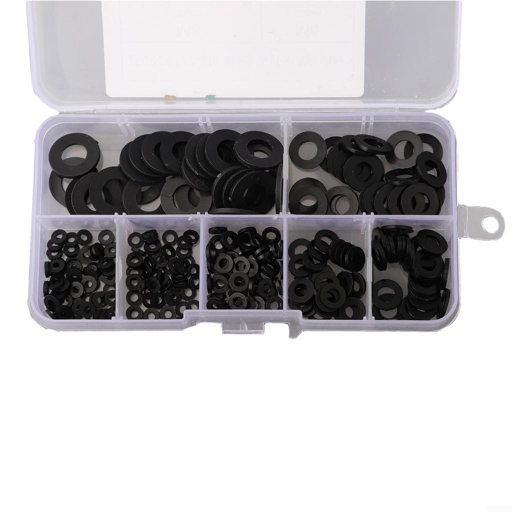 250pcs Washer Gasket Set Black Nylon Rubber Flat Repair Assortment Kit