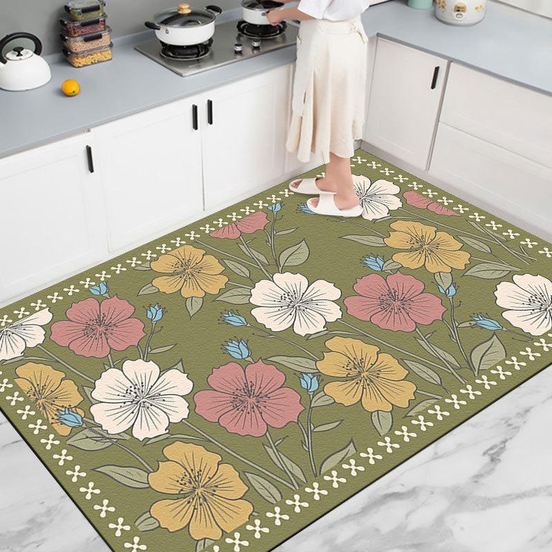 Pink Blossom Kitchen Rug Non Slip Absorbent Mat with Black Text Border Anti Fatigue Floor Pad Sink Area Soft Cushioned Washable