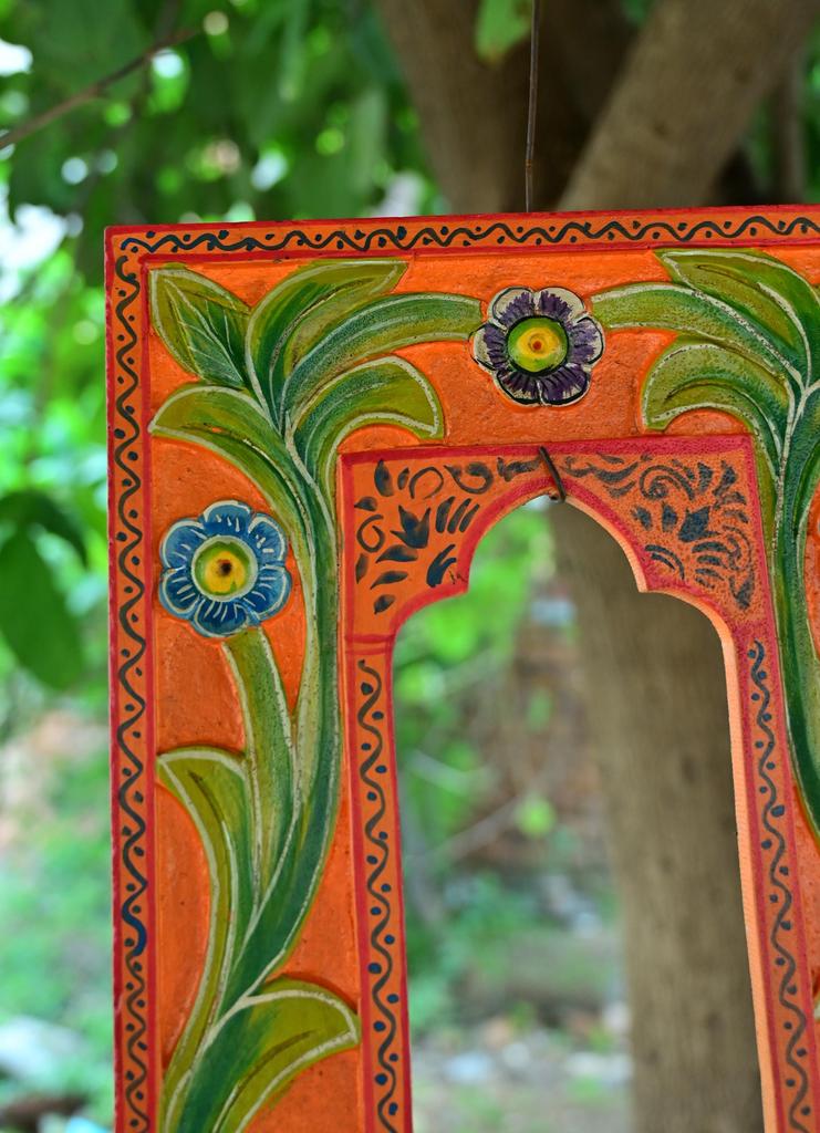 Hand Carved Vibrant Orange Wooden Jharokha Wall Decor: Painted Flower Design Indian Frame