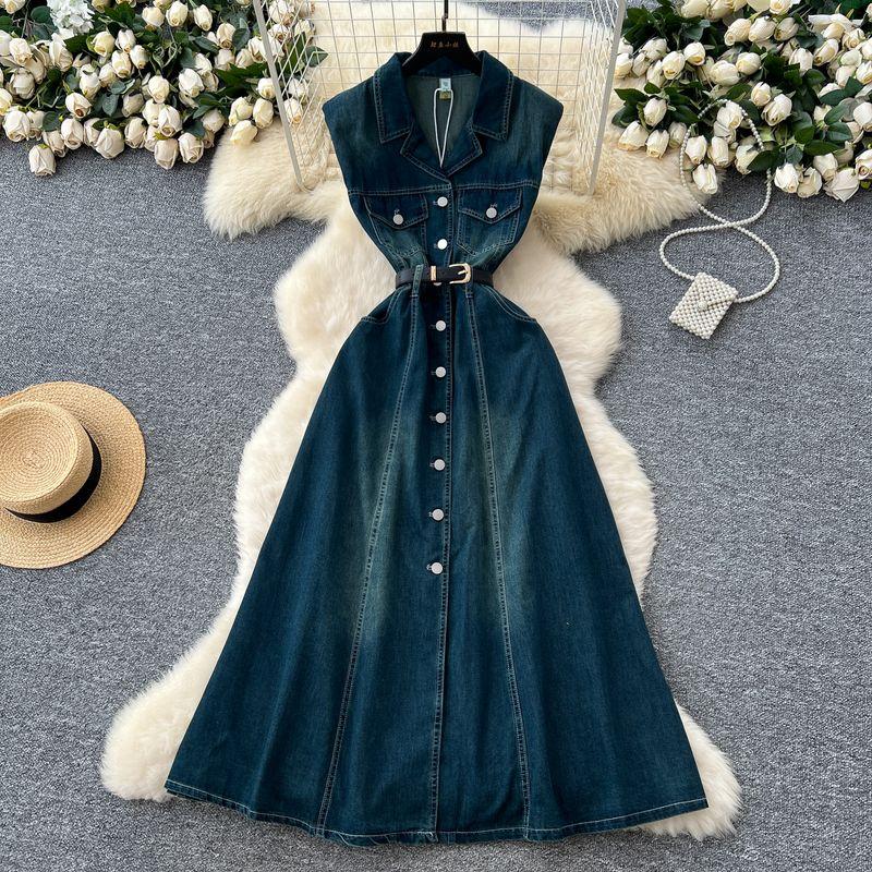 

Европейский и американский стиль Гяру Безрукавное джинсовое платье Женское Летнее Отложной воротник Ретро Потертое Однобортное Красивое Темпераментное Длинное платье Dark Blue L