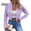 Floral Print Jacket Women's Lace Jacket, Sexy See Through Long Solid Color Women Sleeve Crop Coat, Zip-Up Sheer Lightweight Outerwear Casual
