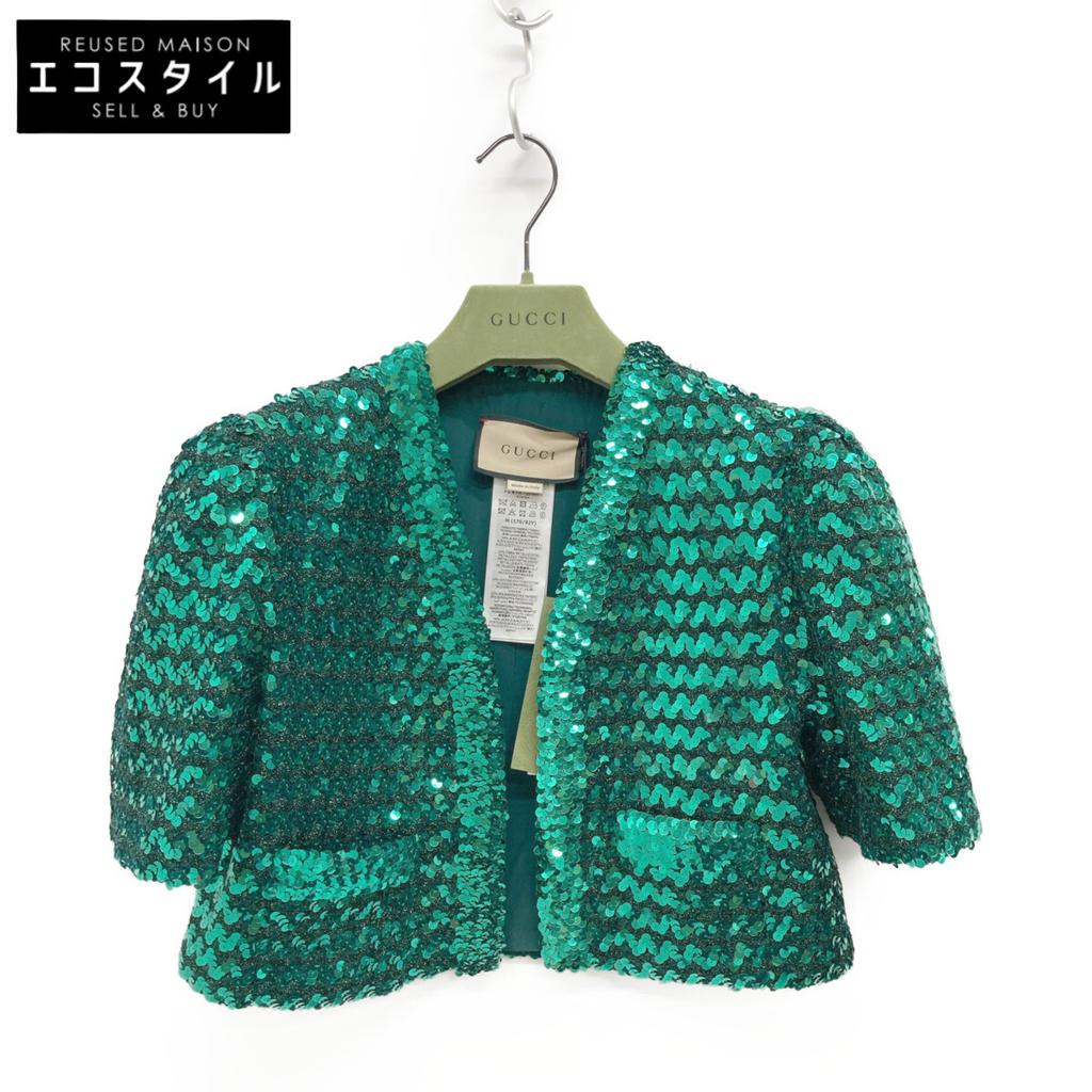 Gucci 653449 XKBTI Glitterx Sequin Silk Lining Collarless Buttonless Jacket M greenUsed