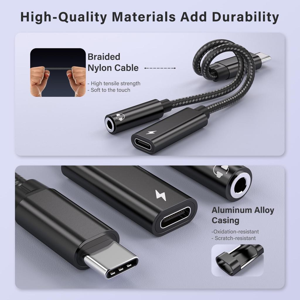 USB C To 3.5mm Headphone and Charger Adapter, 2 In 1 USB C To Aux Audio Adapter & 60W Fast Charging Dongle Compatible with iPhone 16/16 Pro/15,