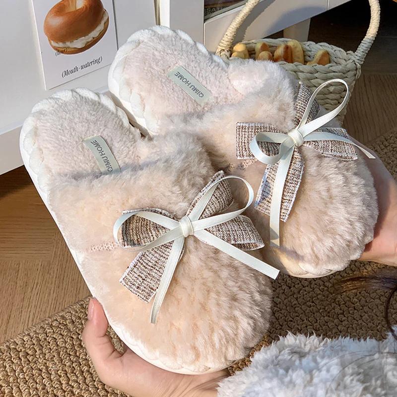 Fashion Casual Fluffy Slippers Women House Fashion Bowknot Designer Shoes Girls Home Popular Winter Warm Elegant Footwear Indoor Flats