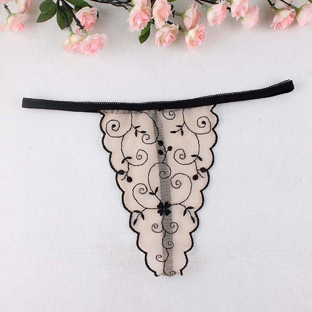 Embroidered Flower Thong Lace Transparent Mesh Underwear