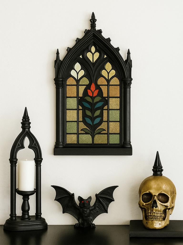 Halloweenská dekorace na zeď Vintage styl kostelního okna s květinovou výzdobou Dřevěná závěsná dekorace na zeď Gotický umělecký ornament pro domov, obývací pokoj
