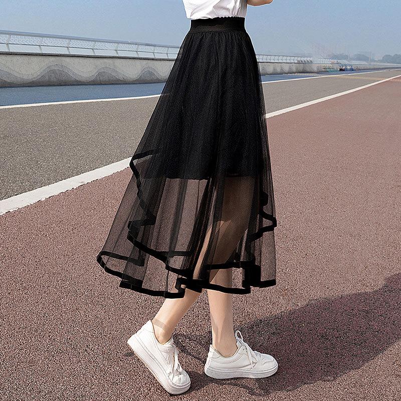 Women's Elegant Elastic Waist Mesh Midi Skirt