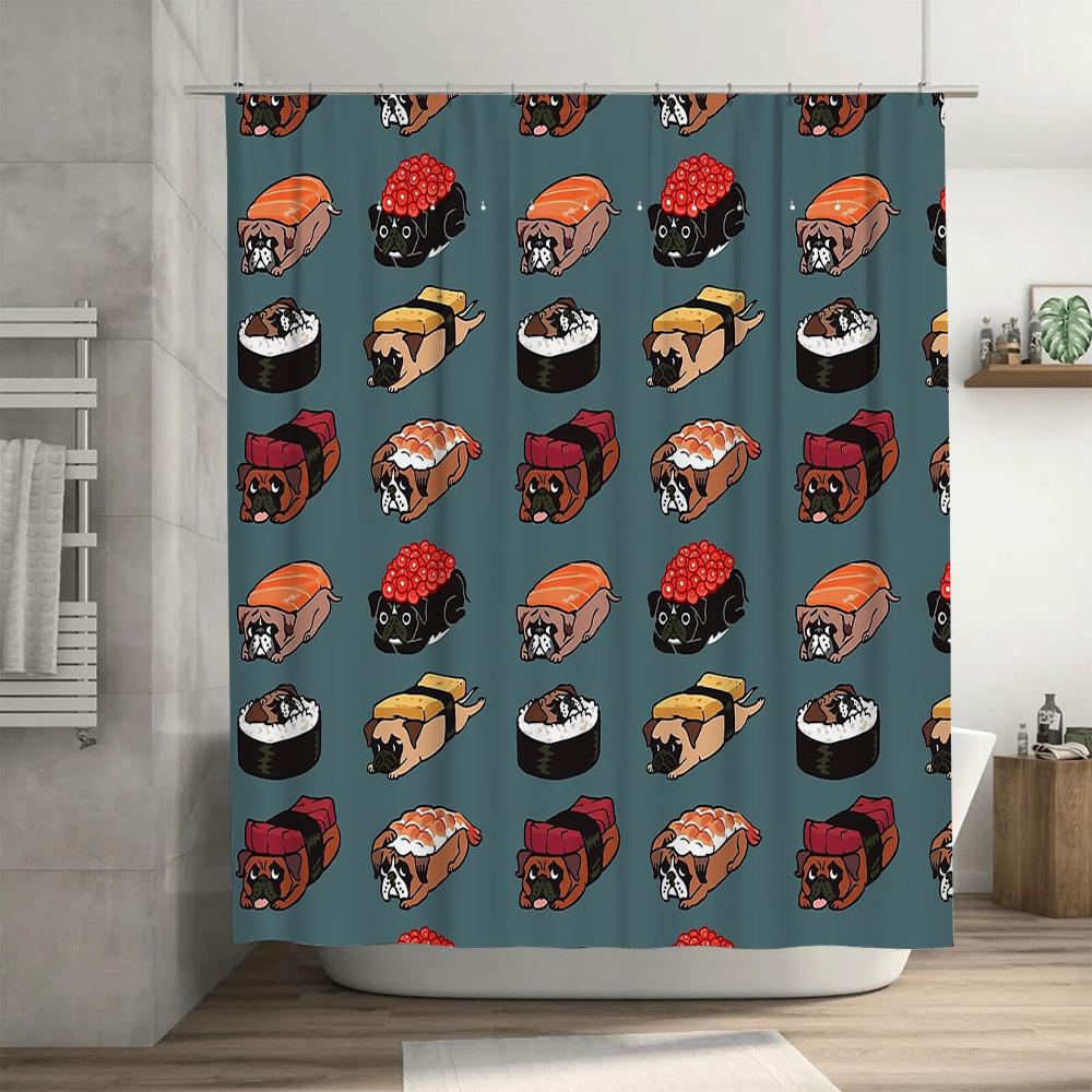 Sushi Dog Bath Curtain Japanese Kawaii Cute Pet Pug Shower Curtain Farmhouse Decor Bathroom Set Waterproof Home Decor