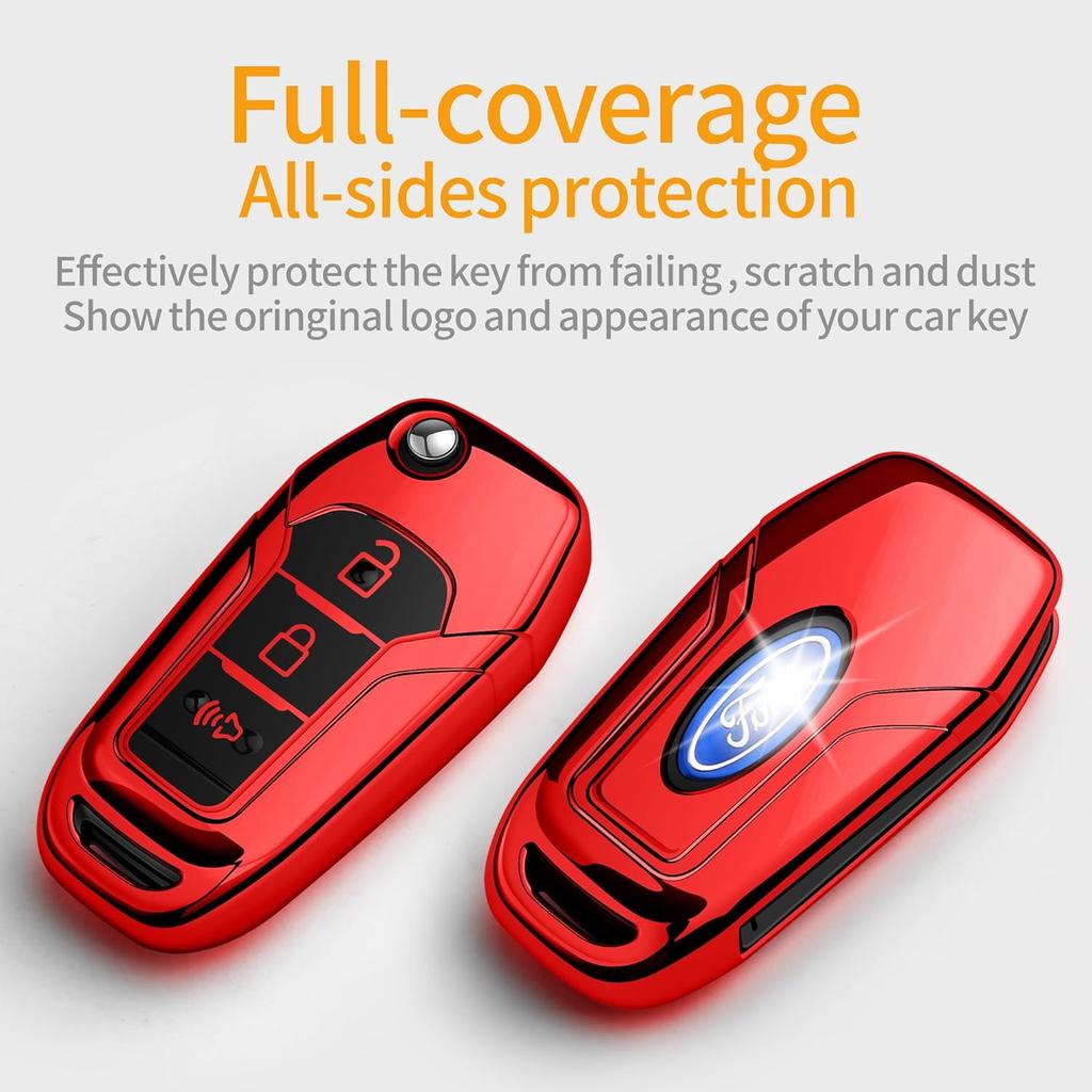 Sindeda Ford Key Fob Cover with Keychain, Soft Full Protection Key Shell, Compatible with Ford F150 F250 F350 F450 F550 Explorer Ranger Escape, Red