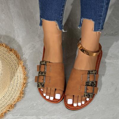 Women’s Leopard Print Slip-On Sandals, Flat Non-Slip Roman Beach Slides, Plus Size