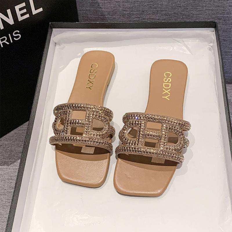 Foreign trade large size women's shoes 2024 summer outer wear slippers fashion rhinestone one-word drag beach cool slippers slippers