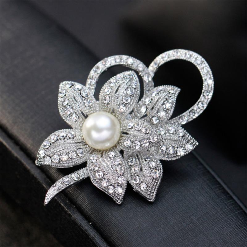 Fashion Women Crystal Diamante and Imitation Pearls Flower Jewelry Brooch Pins DIY Wedding Bouquets Decoration NEW
