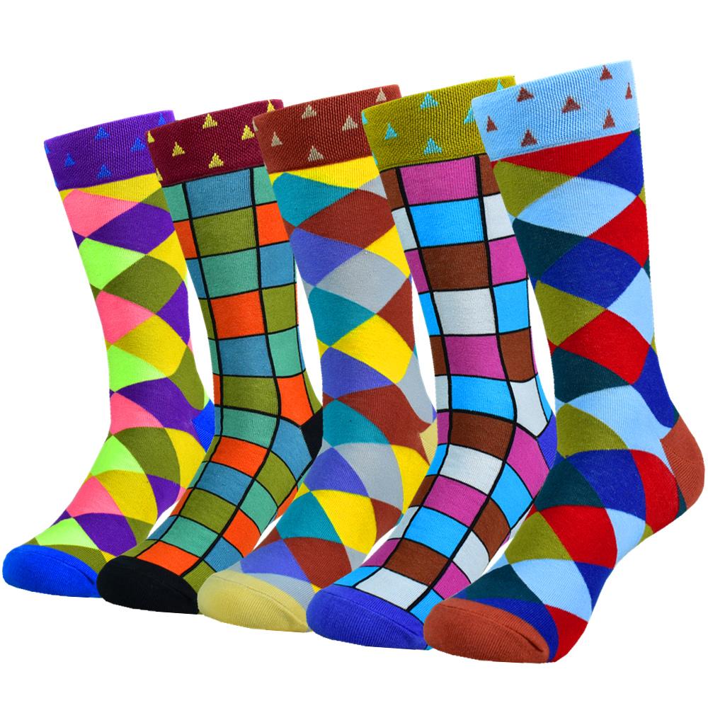 5 Pairs Men Cotton Fashion Color Pattern Happy Unisex Novelty Fun Dress Women Socks