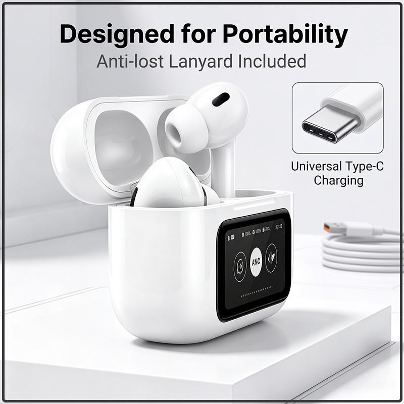 New A9 Pro Smart Screen Earbuds Active Noise Cancellation Ambient Sound Mode Touch Operate HiFi Stereo Audio Type-C Charging Wireless In-ear Earphones