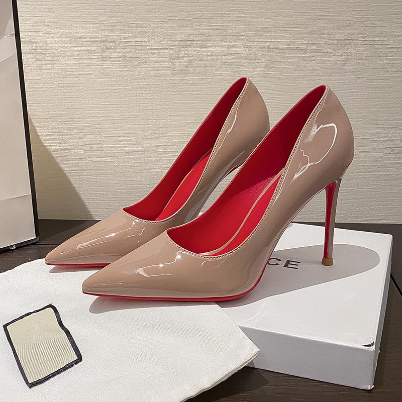 Women's Black Patent Leather Pointed Stiletto Heels - Red Bottom, Small Size, French Style