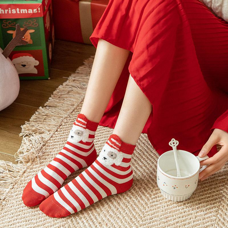 Festive Red Christmas Cartoon Socks Gift Box for Women - Mid-Calf, Cute & Versatile, Autumn/Winter.