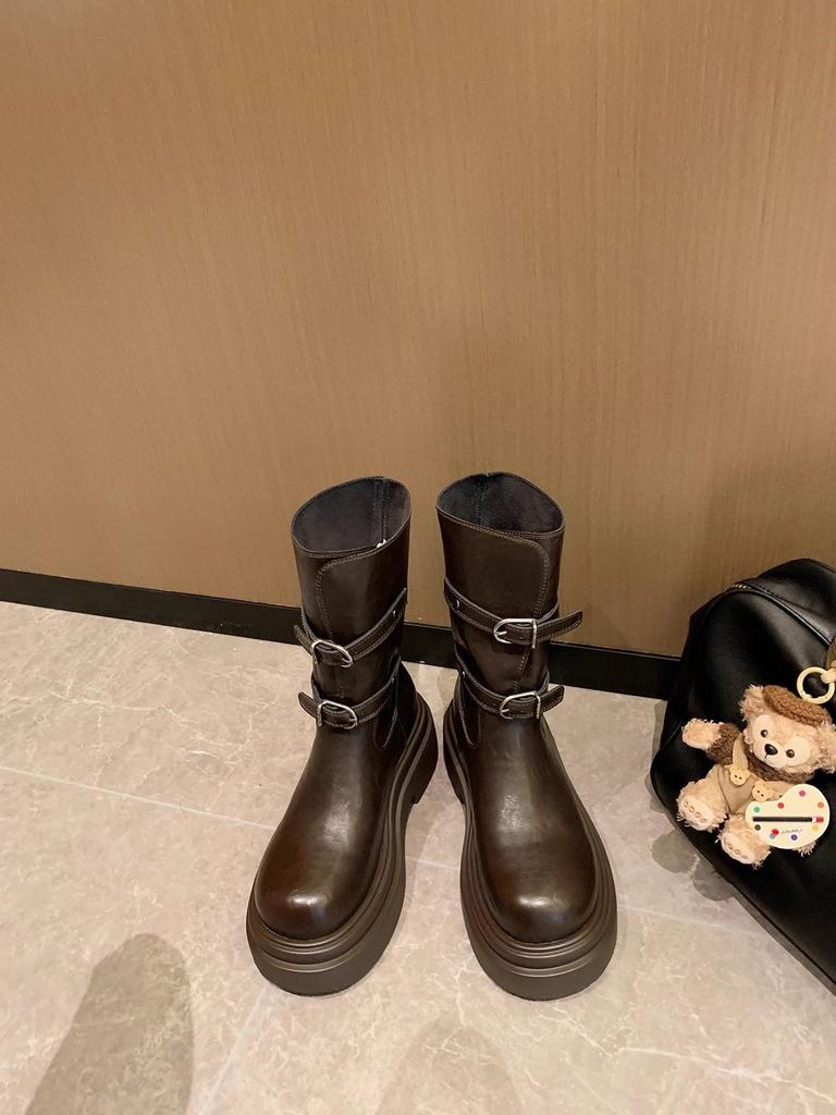 Cowhide Su Yinyin 6cm thick-soled but knee boots women's autumn and winter belt buckle thin boots western knight boots