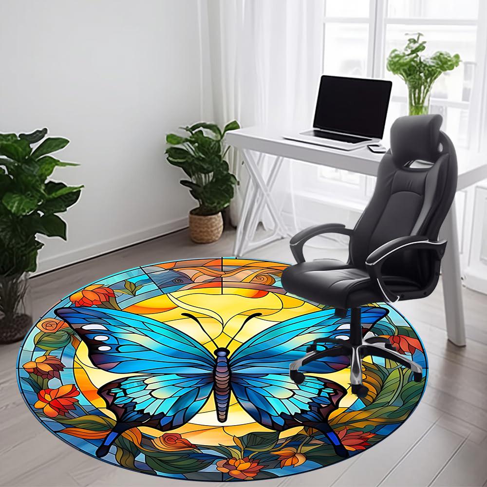 1pc Butterfly StainedGlass Office Round Area Rug, Indoor Mat Suitable ForOffice, Under Office Chairs Bedroom Living Room Home Decor, Room Deco D163