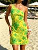 2026 Summer One Shoulder Green Hibiscus Print Mini Dress, Yellow Slim Bodycon Beach Sundress