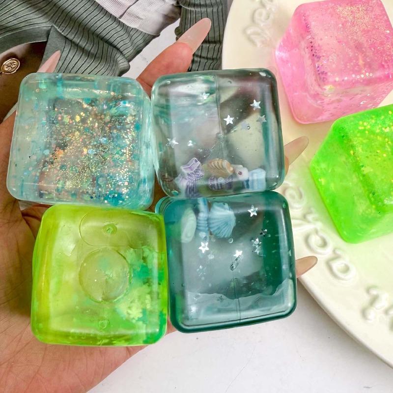 Glitter Squishy Ice Cube Maltose Fidgets Toys Soft Mochi Anti Stress Squeeze Toy Transparent Square Decompression Gifts