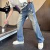 American High Street High Waist Straight Tube Loose Ripped Jeans Men's Thin Breathable Washed Old Micro Tide Brand