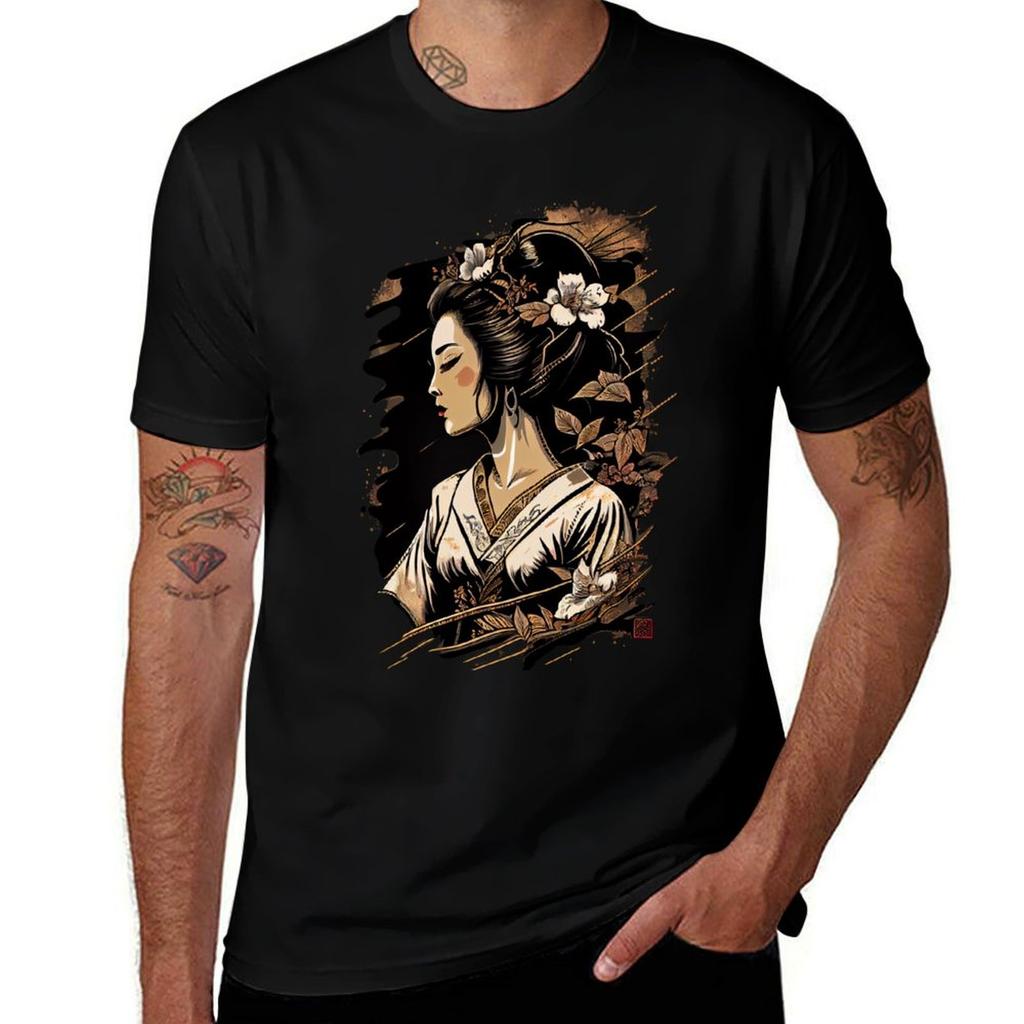 Vintage Japanese Geisha Retro Art Design Tshirt All Match Basic Short Sleeve Top