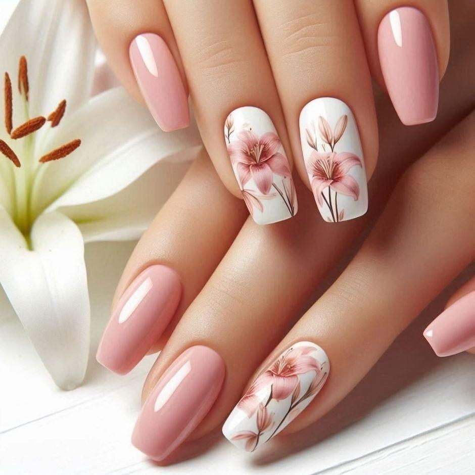 Pink Lily Fake Nails Pink White Gradual Change Lily Small Fresh Beautiful Wind Wearing Nail Piece