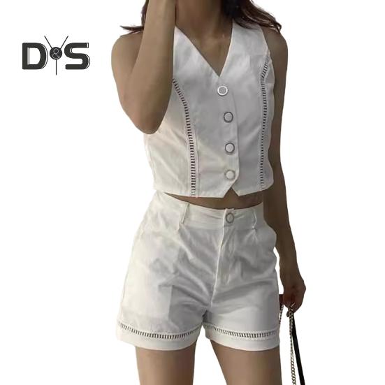 

Женский комплект из двух предметов, без рукавов, комплект из жилета с V-образным вырезом на пуговицах и шорт с карманом, летний повседневный наряд S белый