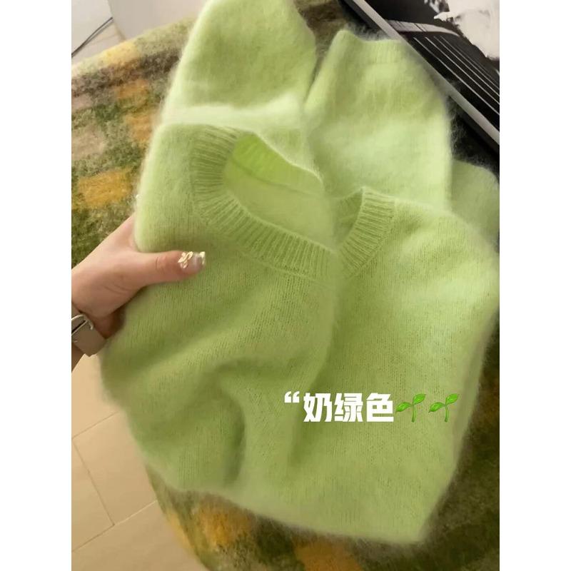 Hairy round neck pullover imitation mink sweater knitted top solid color advanced sense loose lazy women autumn and winter thickened