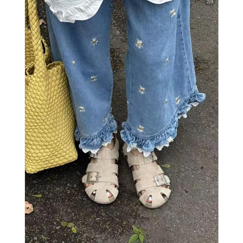 

Retro leather hollowed-out bag head sandals women s summer new flat-bottomed versatile casual sandals 40 серый