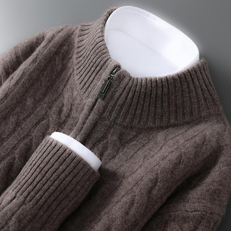 Men s Casual 100% Wool Half-High Collar Zipper Sweater - Thick Cable Knit for Autumn/Winter S