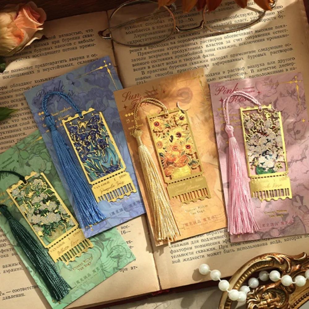 Retro Metal Metal Bookmark Tassels Oil Painting Style Hollow Bookmark Stationery Famous Painting Book Clip Teacher