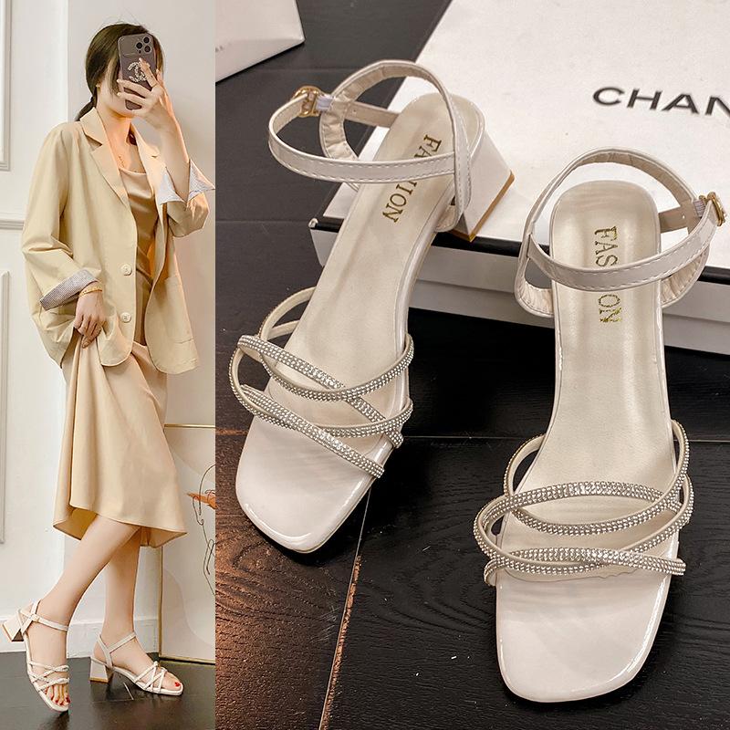 Rhinestone sandals medium heel women's sandals summer new thick heel with buckle fairy wind open toe sandals