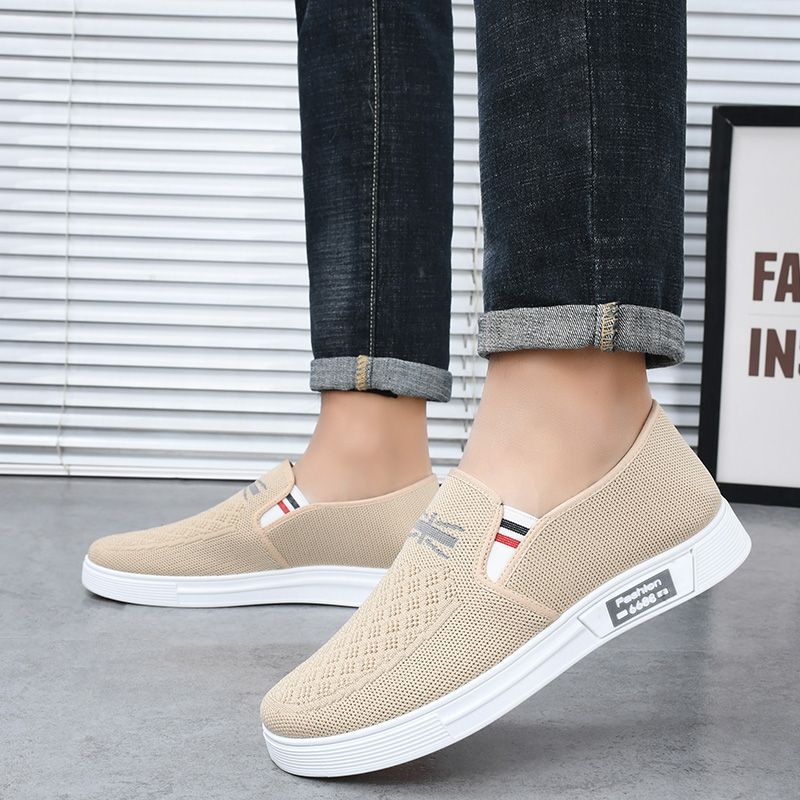 Old Beijing Cloth Shoes for Men, Breathable Fly Woven Men's Shoes, Soft Soled Anti Slip Driving Shoes, One Foot Lazy Shoes
