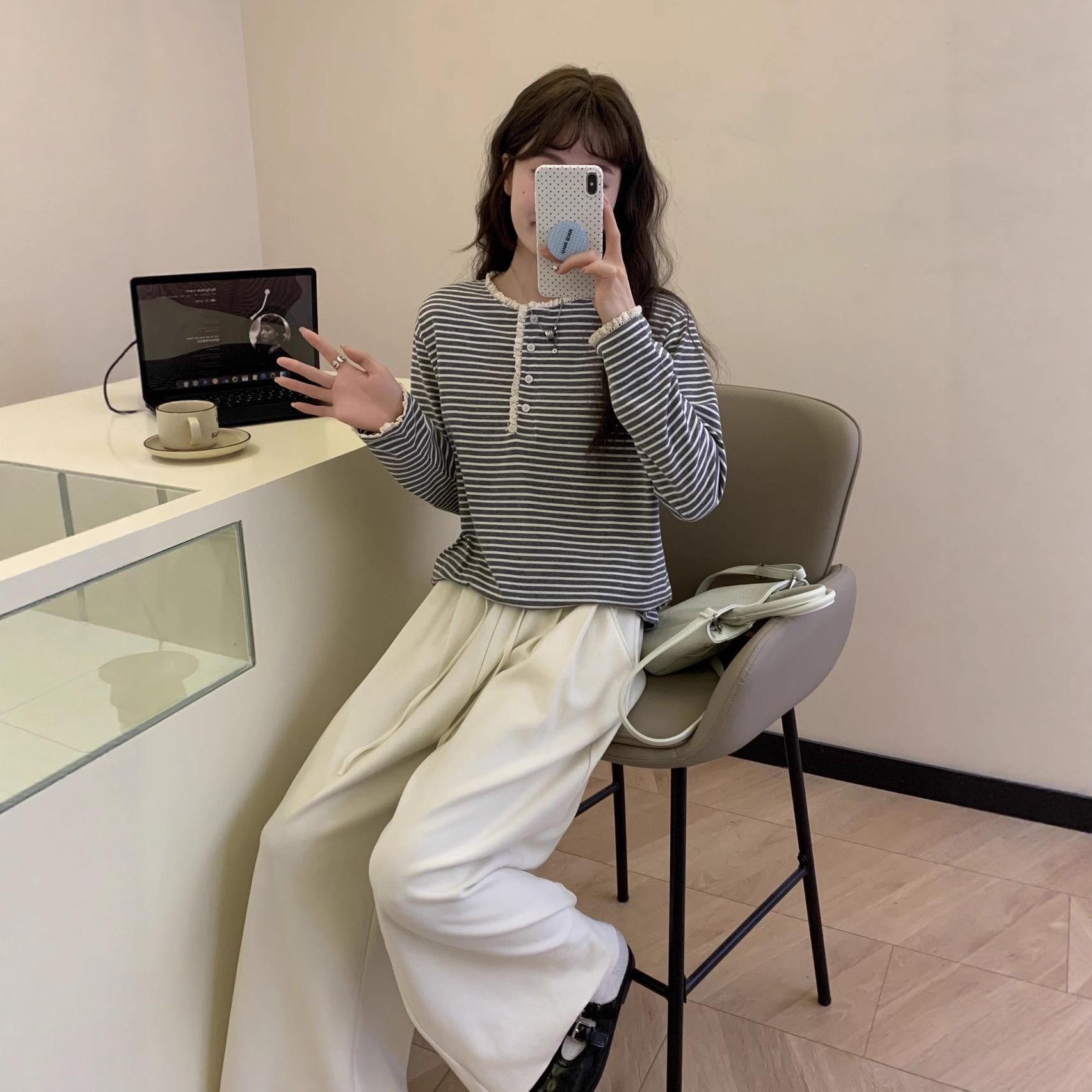 

Dongdaemun Striped Lace Patchwork Long Sleeve Button-Up T-Shirt One size (90-135 jin) серый