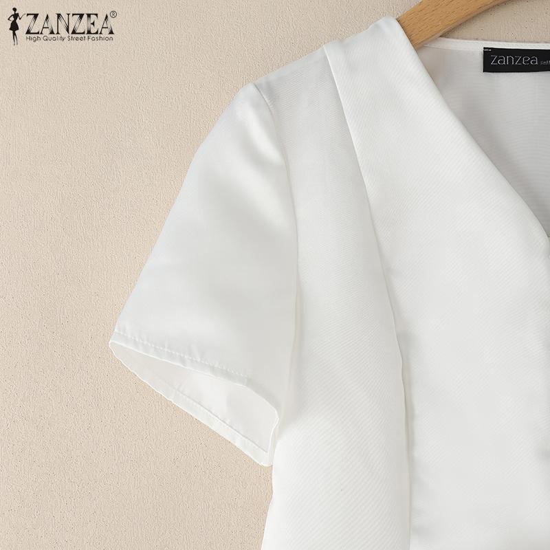 ZANZEA Women Casual V-neck Summer Short Sleeve Slim Blouse