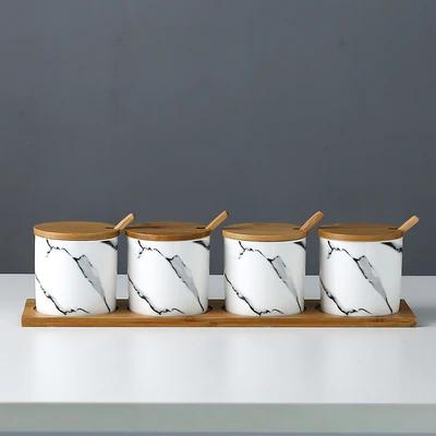 Kitchen seasoning tools ceramic seasoning jar set marble pattern cruet bamboo tray kitchen supplies seasoning box salt shaker