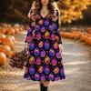 Halloweenowa Damska Sukienka Midi z Nadrukiem Złego Dyni A-Line Sukienka Wakacyjna Codzienna Regularny Krój Długi Rękaw Dekolt V Czarny Wiosna Jesień