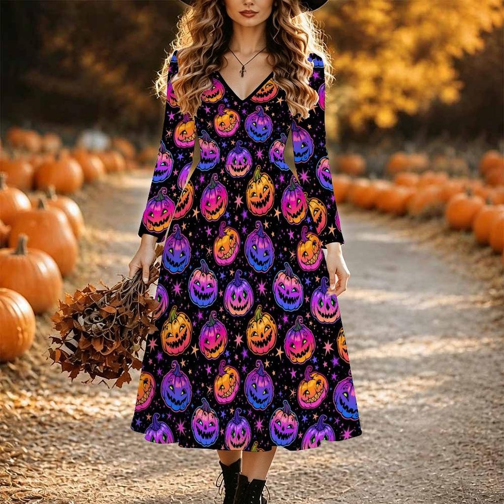 Halloweenowa Damska Sukienka Midi z Nadrukiem Złego Dyni A-Line Sukienka Wakacyjna Codzienna Regularny Krój Długi Rękaw Dekolt V Czarny Wiosna Jesień
